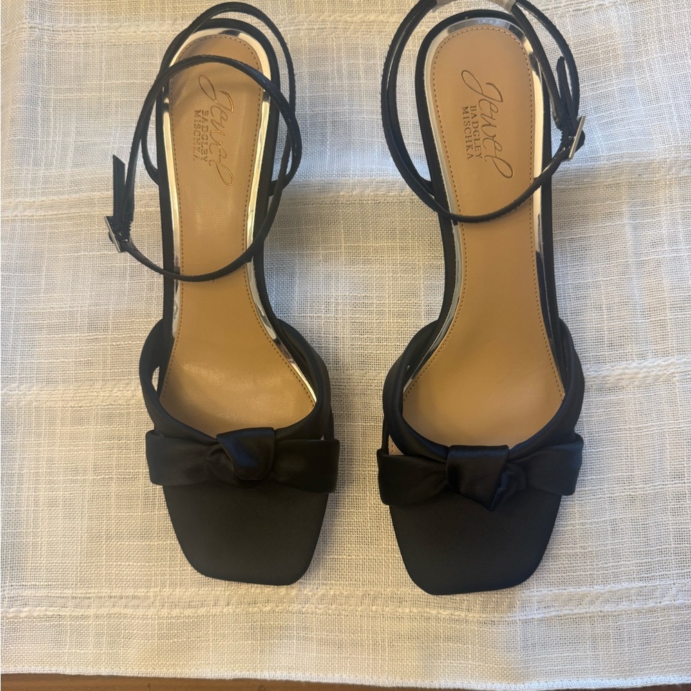 Jewel Badgley Mischka Black Satin Color Ankle-Strap Open Toe Heels NEW Size 8.5 - Picture 2 of 10